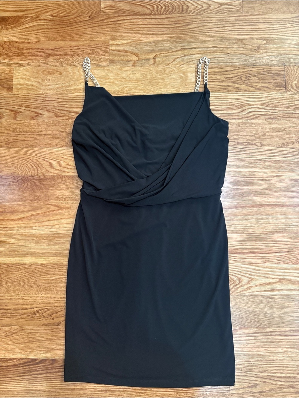 calvin klein black dress with gold chain Elegant drape bodice Cocktail mini straps 10 Collaboration Picks